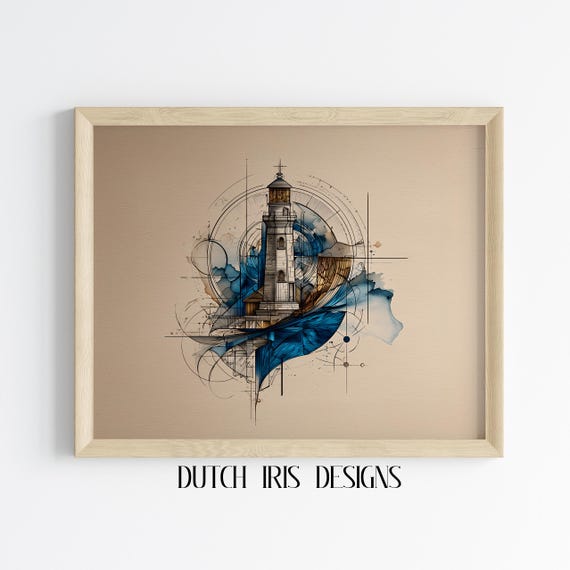Surreal Lighthouse Art Print Nautical Wall Decor Blueprint Style Modern Coastal Abstract Ocean Scene 273
