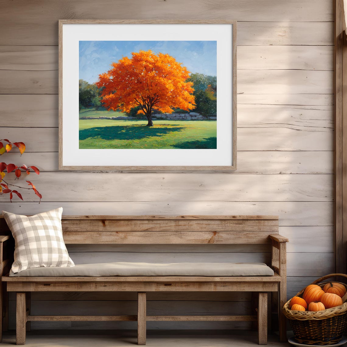 Lone Maple Tree With Orange Autumn Foliage Under Blue Sky Poster - Image 3