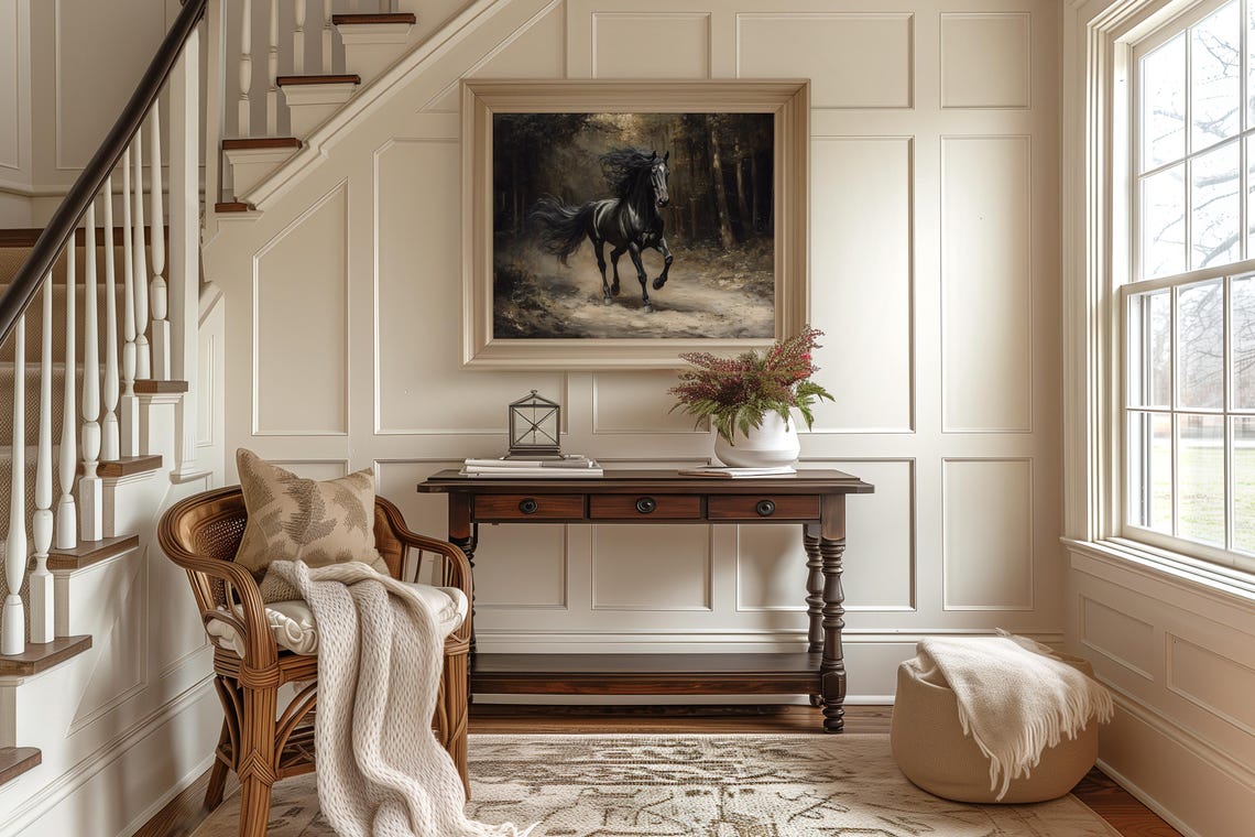 Black Horse Trotting On Misty Forest Path Moody Equestrian Poster - Image 2