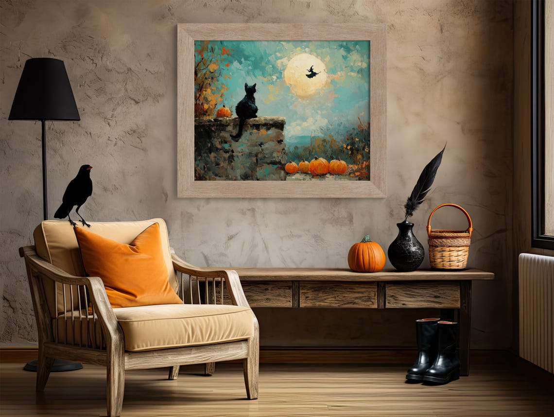 Black Cat Watching Full Moon With Witch Silhouette Halloween Poster - Image 4