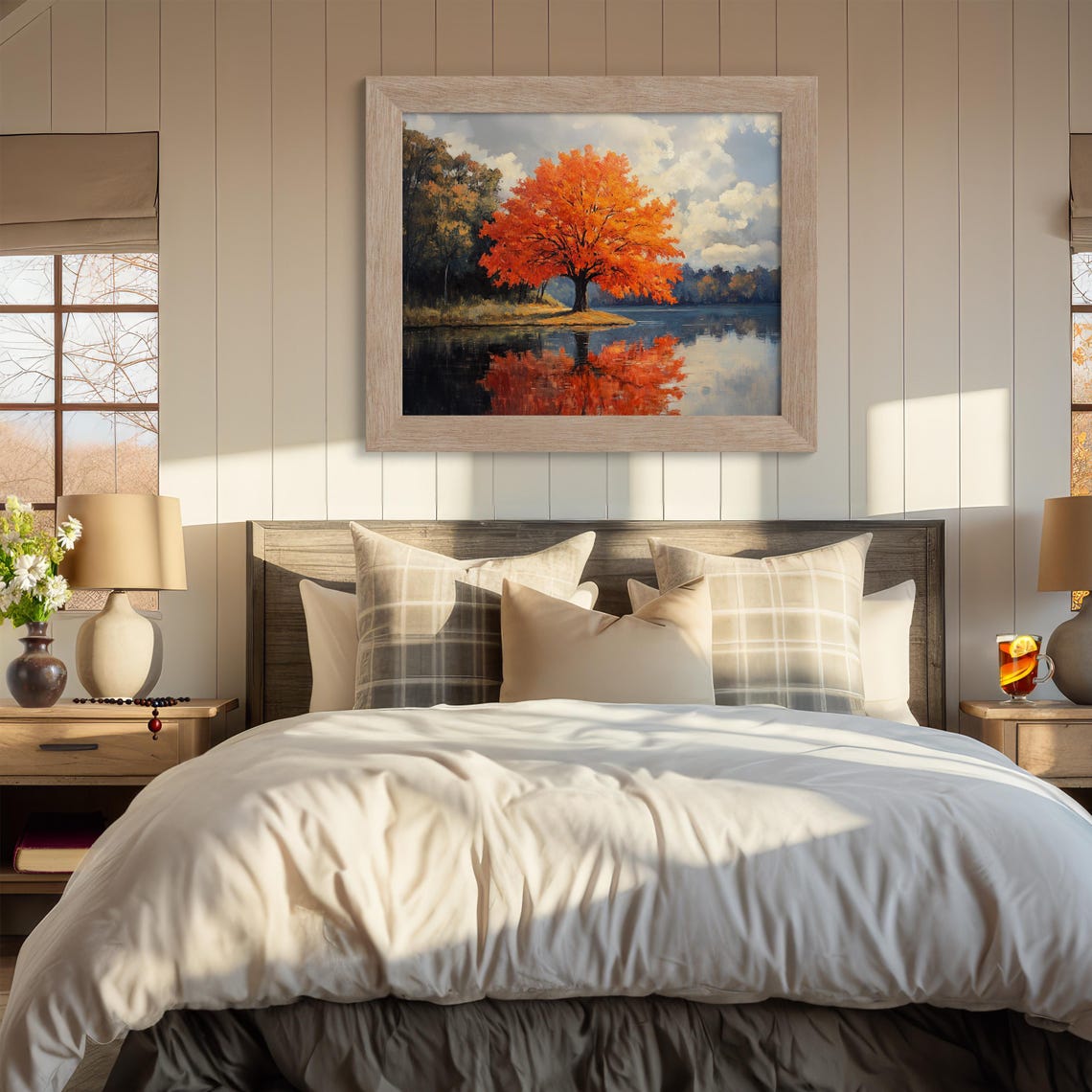 Autumn Maple Tree By Still Lake Mirror Reflection Landscape Poster - Image 2