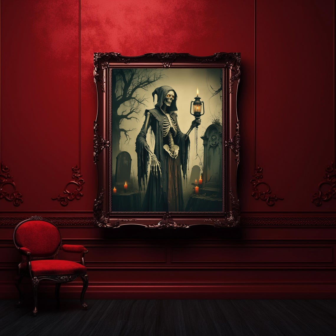 Hooded Skeleton Holding Lantern In Old Graveyard Halloween Poster - Image 3