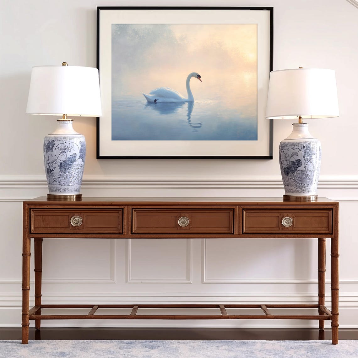Serene Swan at Dawn Tranquil Lake Soft Watercolor Scene Poster - Image 2