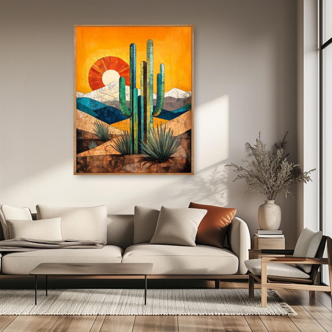 Cubist Desert Sunset Saguaro Cacti Mountains Landscape Art Poster - Image 2
