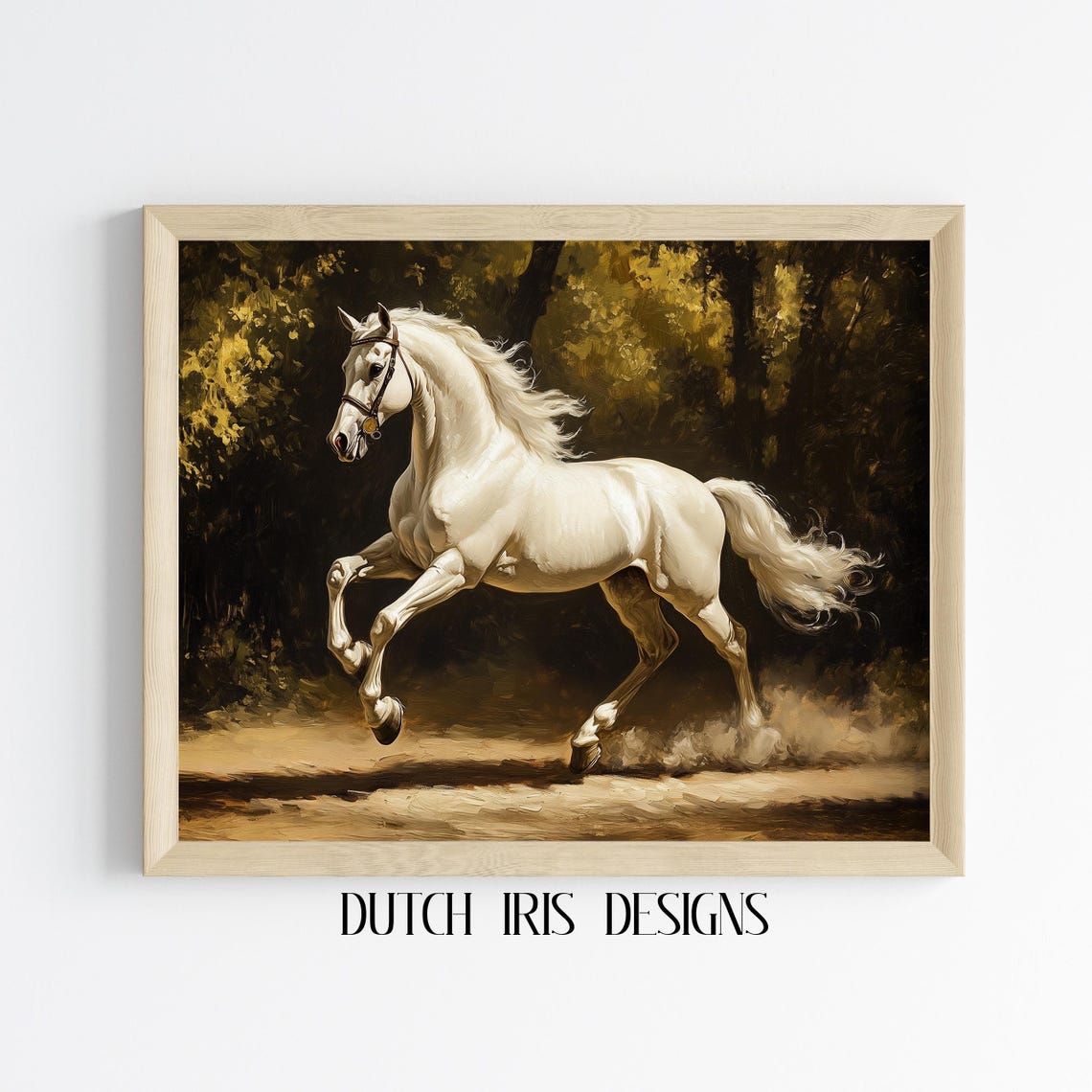 White Horse Galloping Through Dark Forest Elegant Equestrian Poster