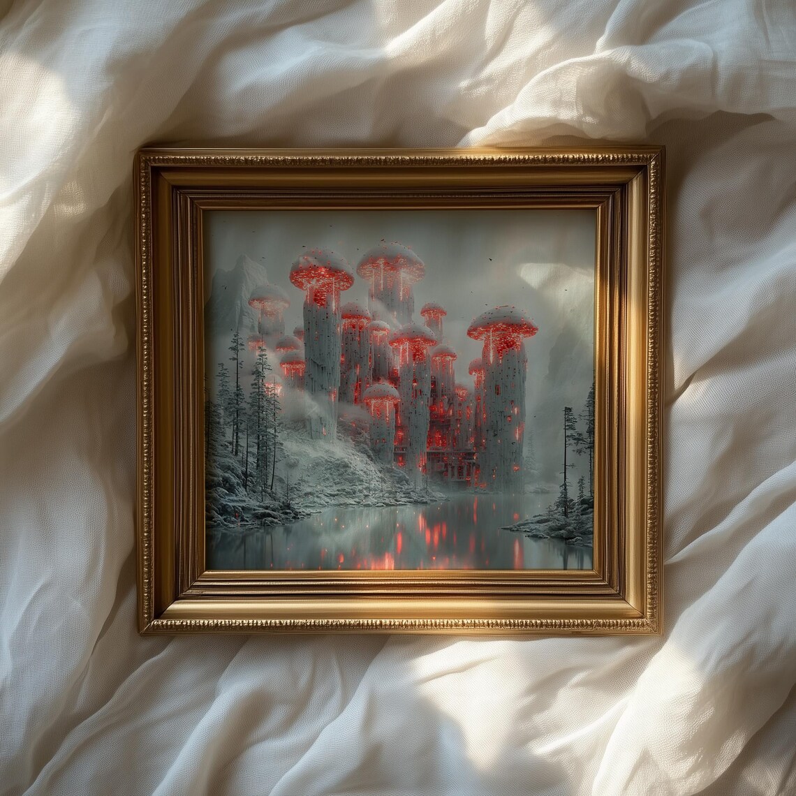 Futuristic Mushroom Tower City Glowing Red In Snowy Winter Art Poster - Image 2