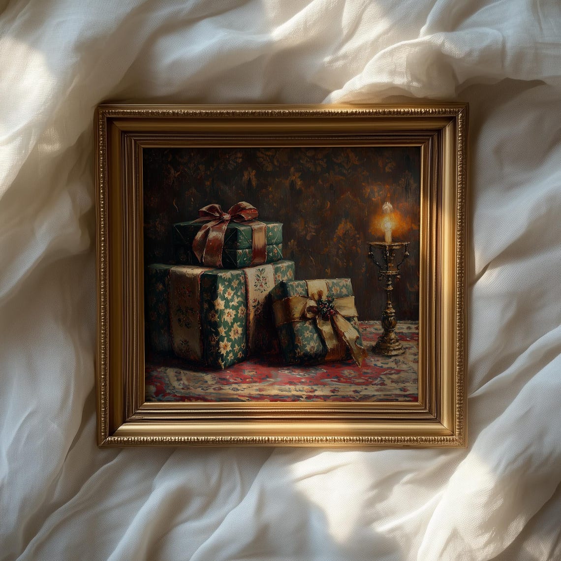 Vintage Wrapped Christmas Gifts with Ribbons by Candlelight Poster - Image 2