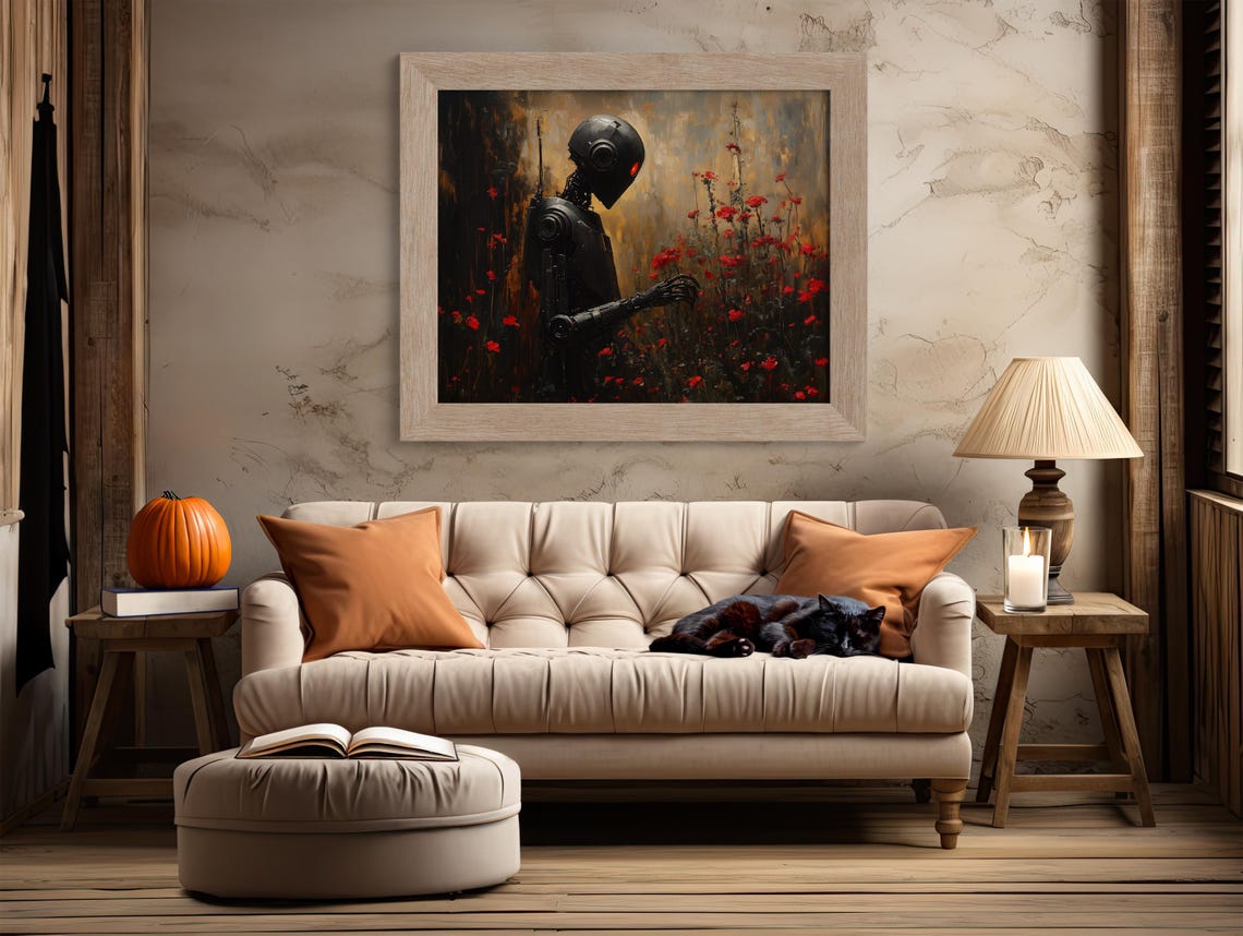 Dark Robot with a Red Eye Standing in a Field of Red Poppies Poster - Image 2