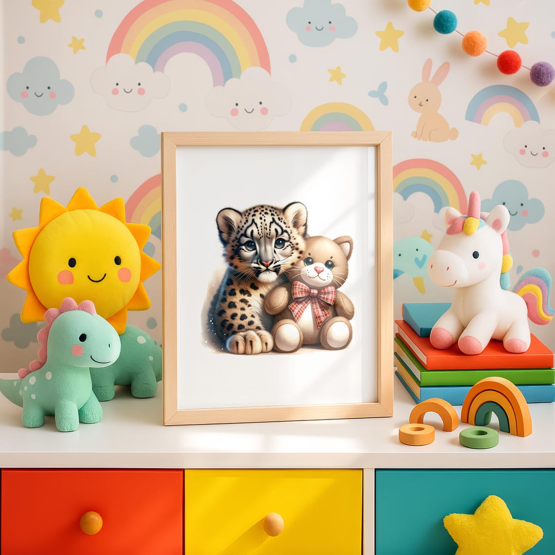 Baby Snow Leopard With Teddy Bear Cute Nursery Safari Poster - Image 4