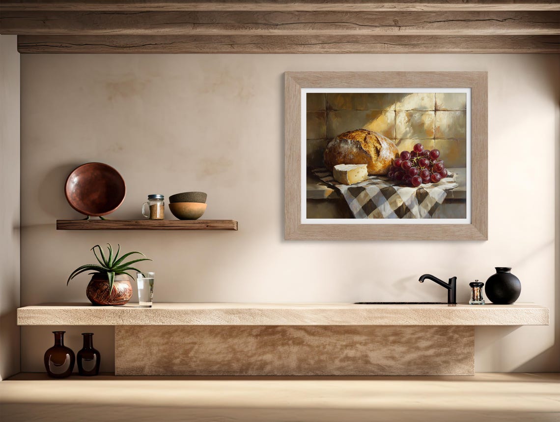Rustic Bread Cheese And Grapes Still Life Painting Kitchen Poster - Image 3