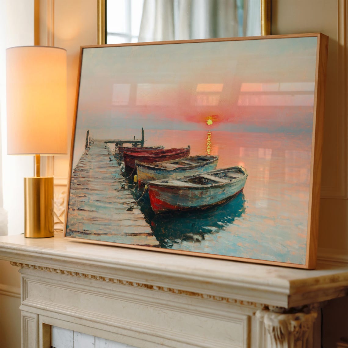 Sunrise Over Lake with Boats Tranquil Morning Dock Scene Poster - Image 3