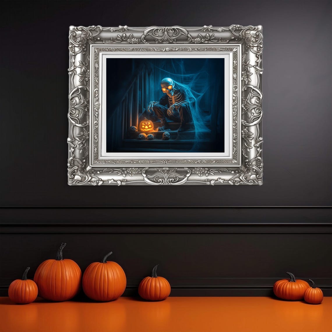 Skeleton Sitting on Dark Stairs with a Glowing Jack-o-Lantern Poster - Image 3