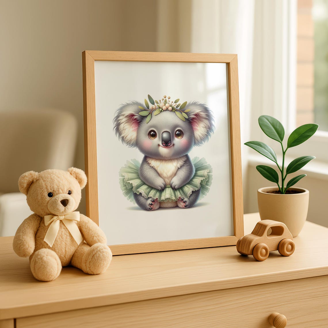 Cute Baby Koala In Green Tutu With Leaf Crown Nursery Art Poster - Image 3
