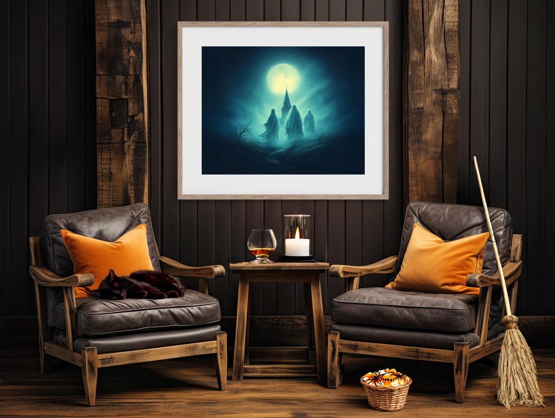 Three Ghostly Spirits Before a Church Steeple Under Green Moon Poster - Image 4
