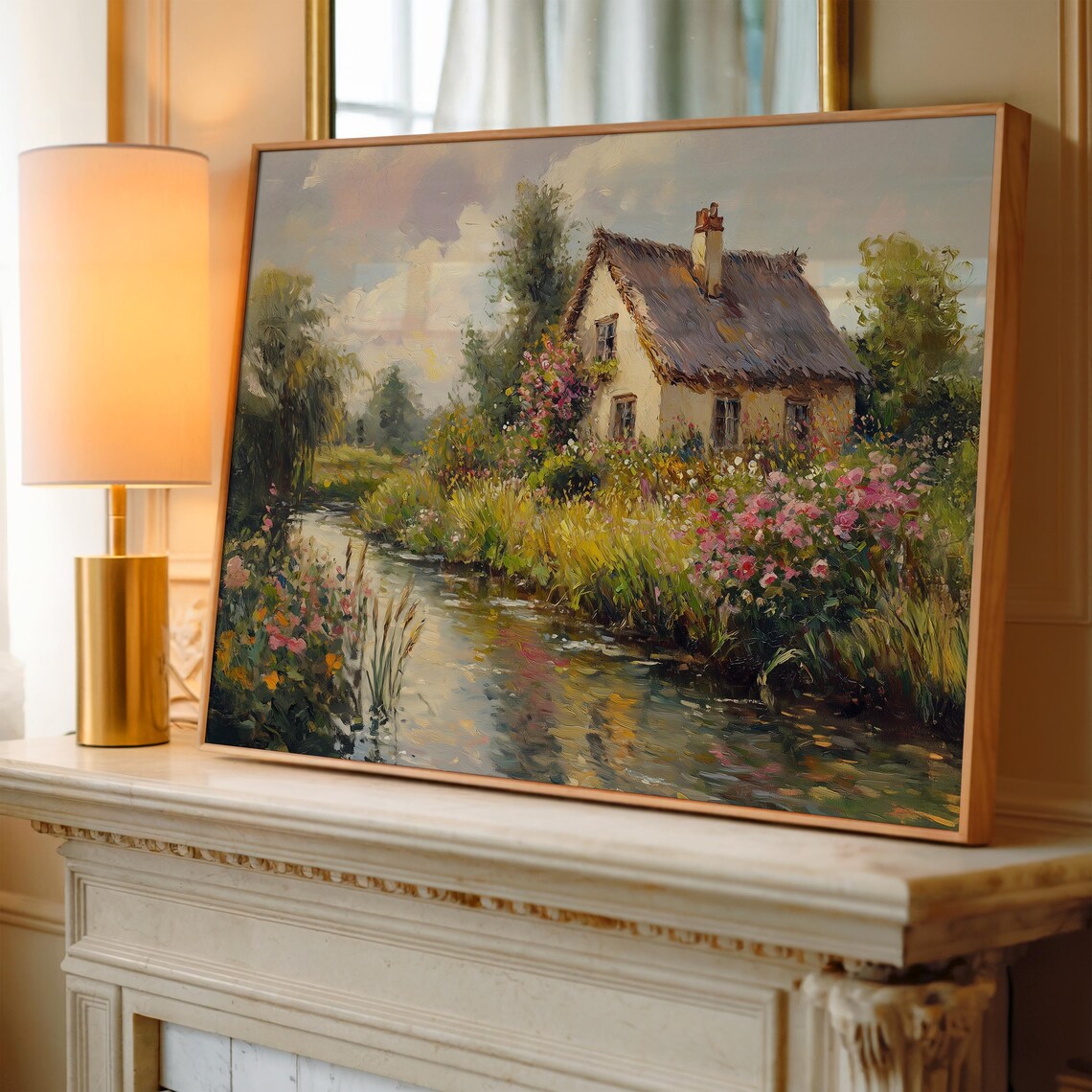 Thatched Cottage By Stream Wildflower Garden Rustic Landscape Poster - Image 3