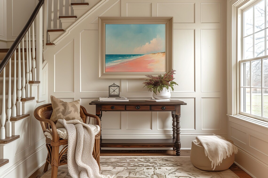 Pastel Pink Beach With Turquoise Sea Dreamy Coastal Oil Painting Poster - Image 2