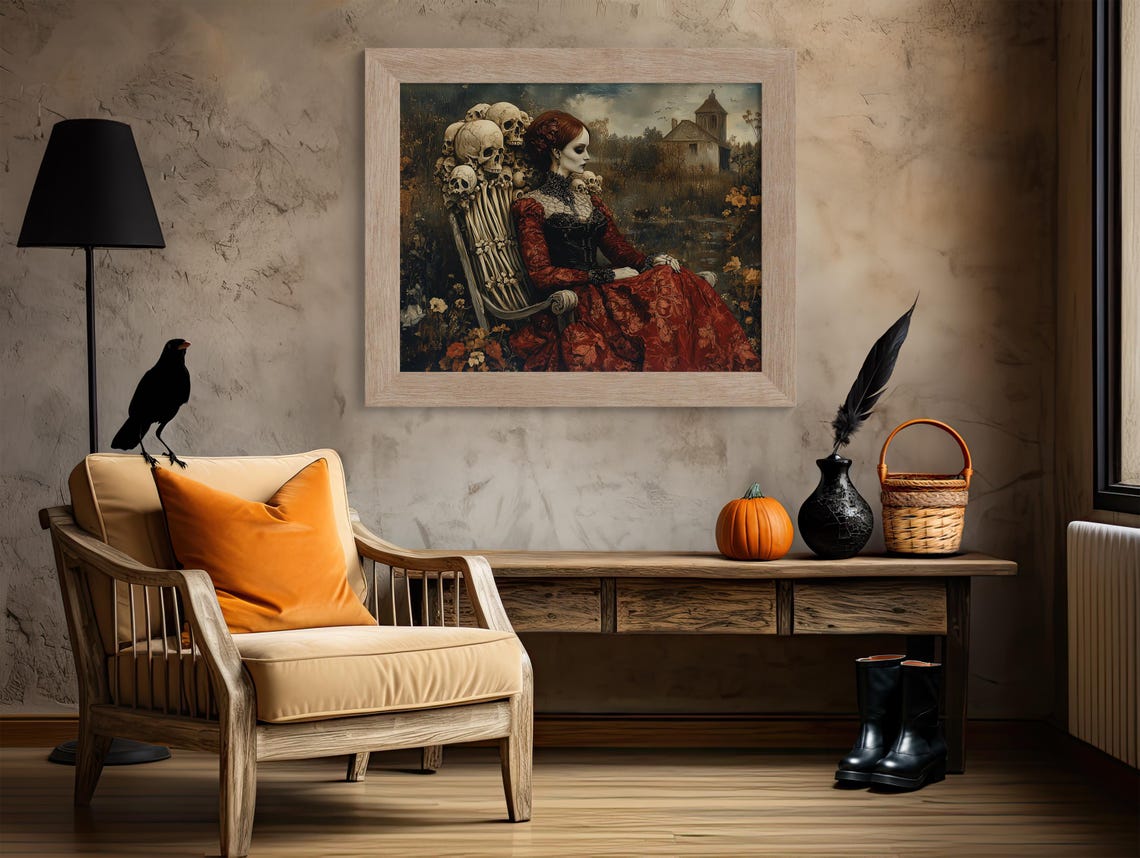 Gothic Lady In Red Gown Seated On Skull Throne Dark Romance Art Poster - Image 4
