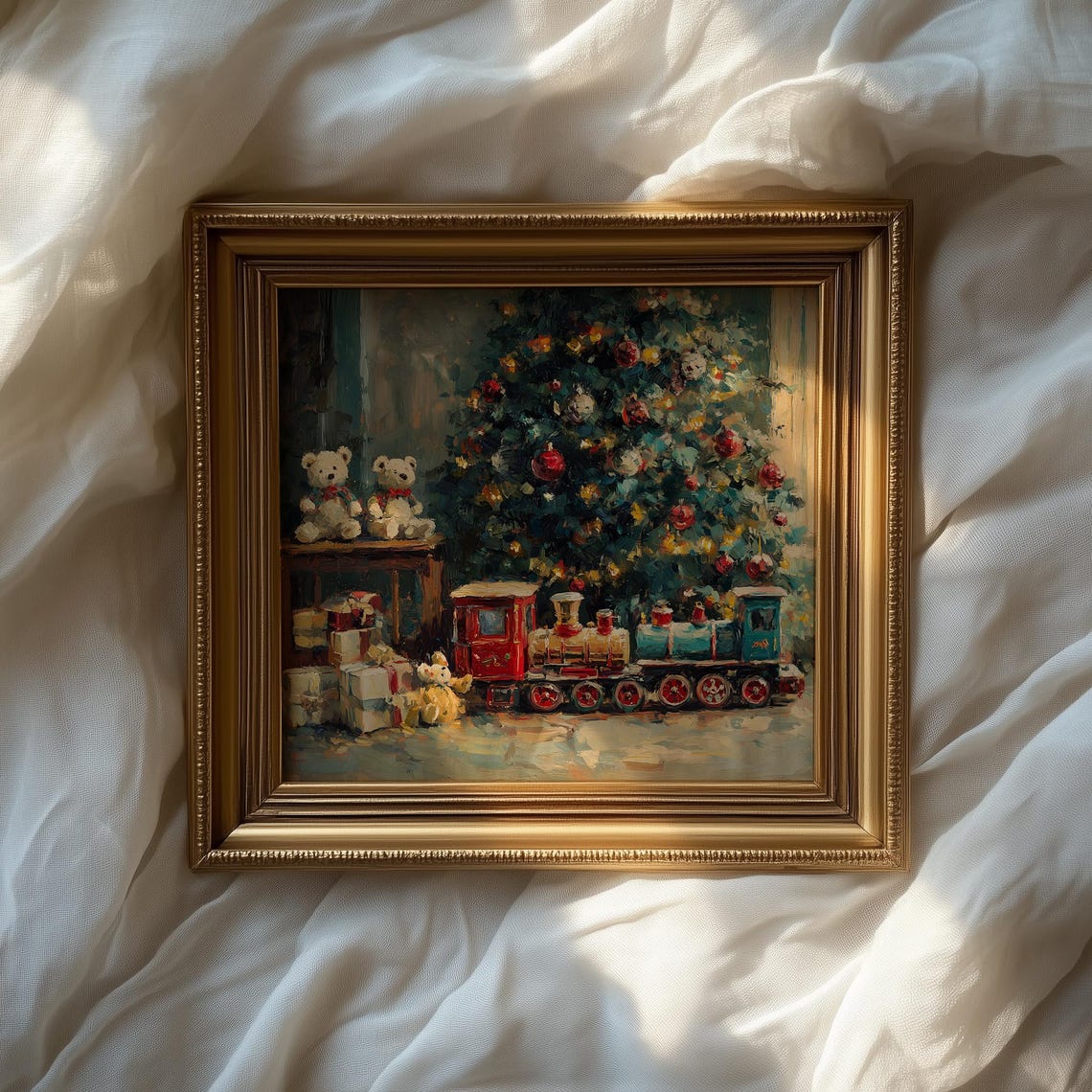 Vintage Christmas Toys Toy Train Teddy Bears by a Tree Poster - Image 2