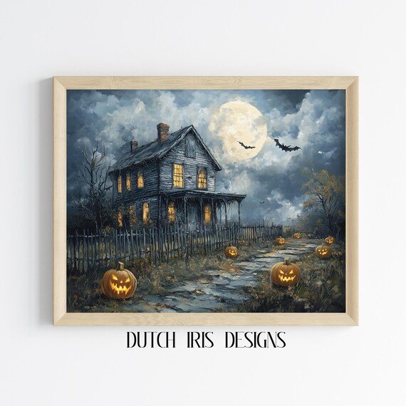 Haunted House Under Full Moon With Jack O Lanterns Bats Poster