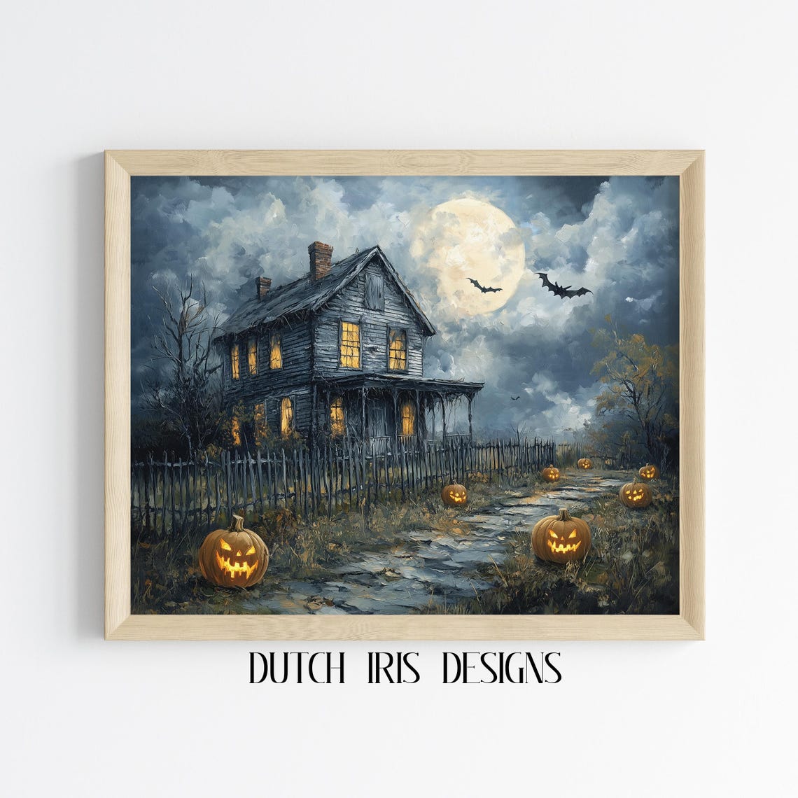 Haunted House Under Full Moon With Jack O Lanterns Bats Poster