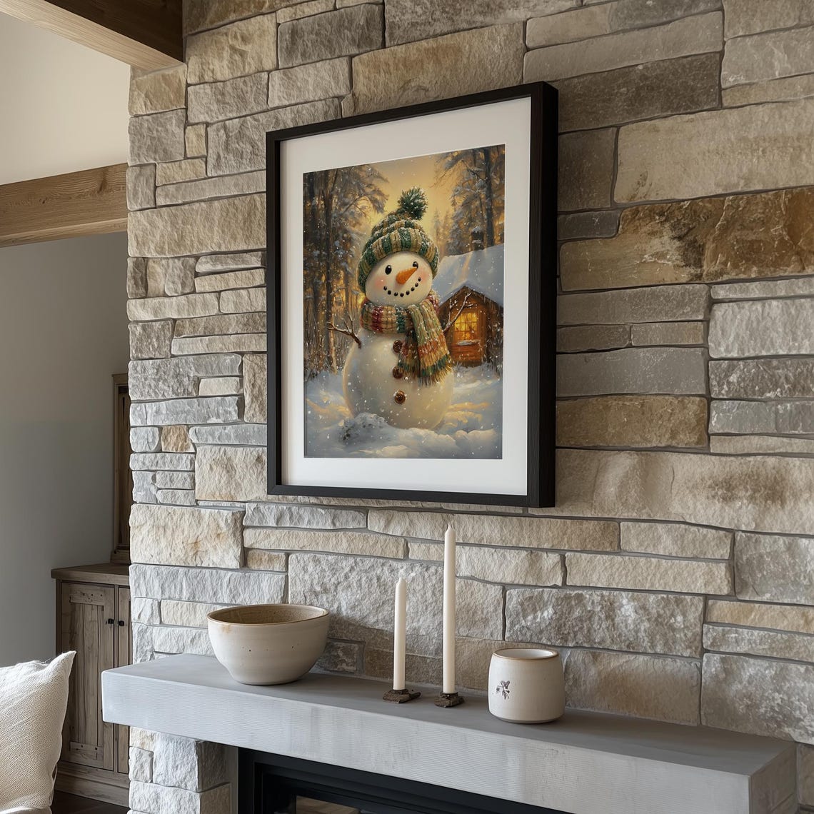Cozy Snowman In Knit Hat And Scarf By Snowy Cabin Winter Art Poster - Image 3