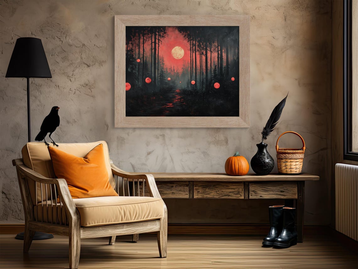 Mystic Forest with Glowing Red Orbs Under a Blood Red Full Moon Poster - Image 4