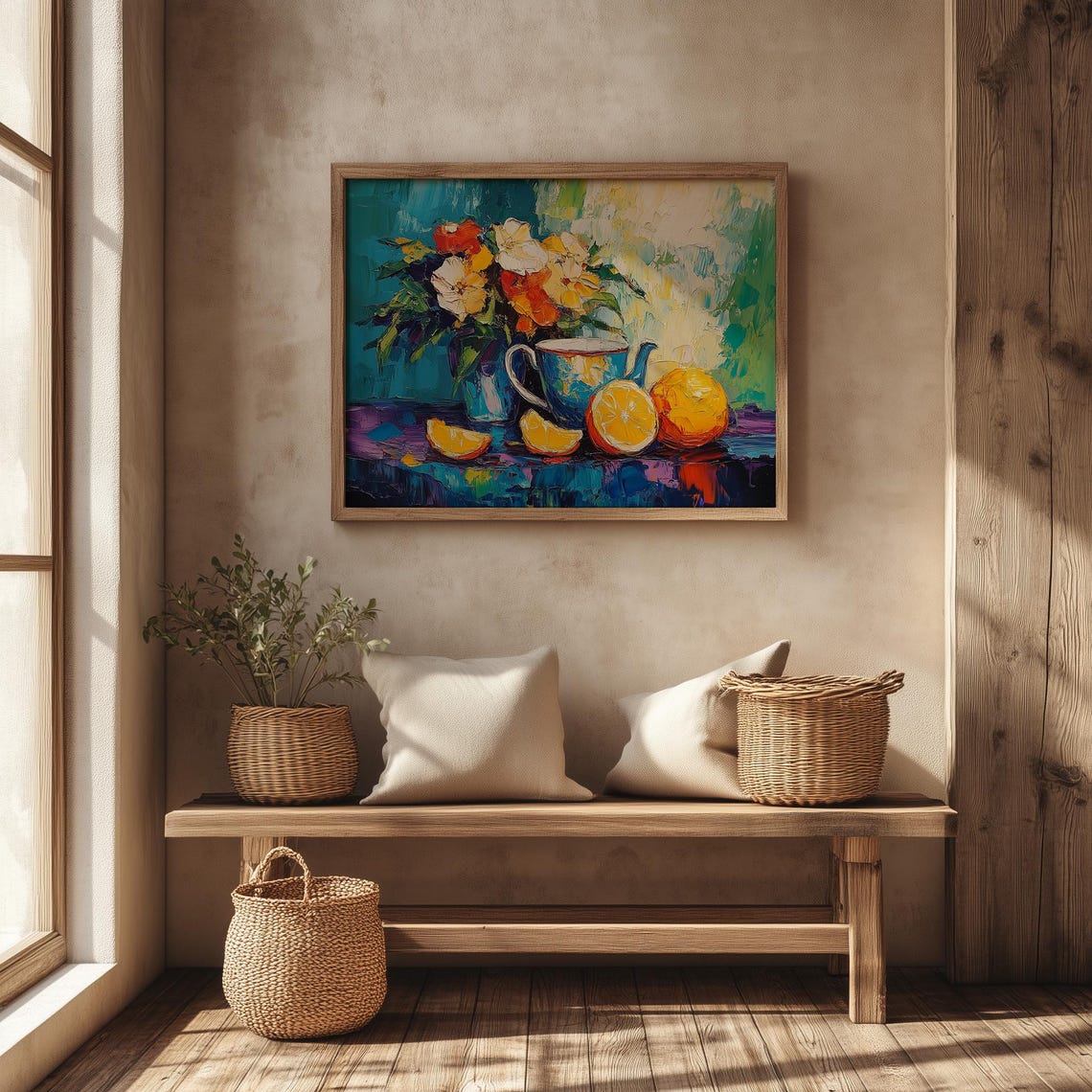 Vibrant Impasto Still Life Of Flowers Teapot And Lemons Art Poster - Image 4