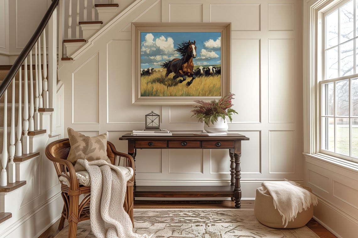 Brown Horse Running In Golden Wheat Field With Cattle Rustic Poster - Image 2