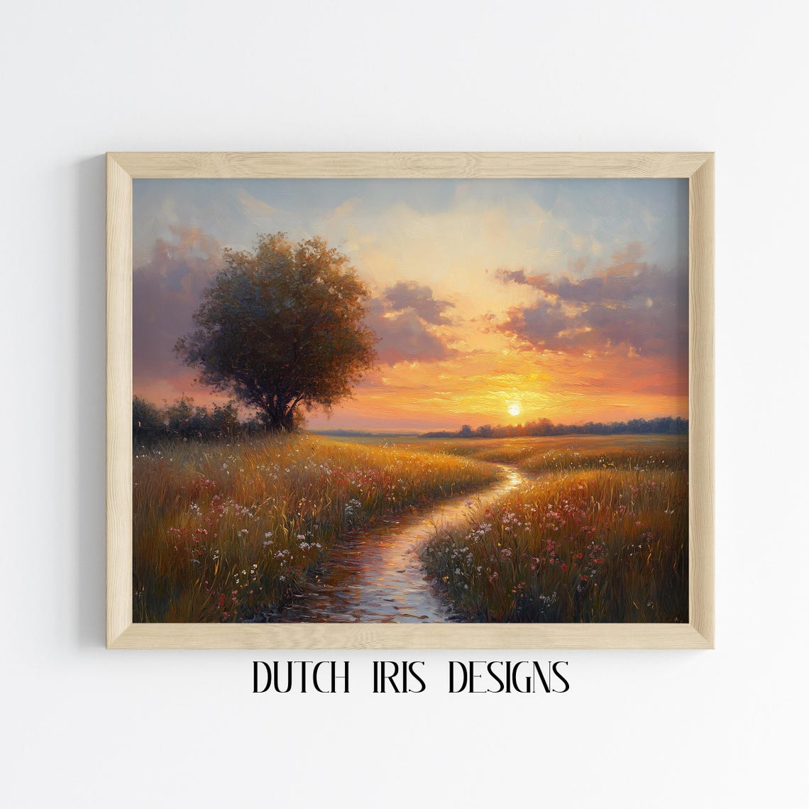 Winding Stream Through Golden Meadow At Sunset Countryside Poster