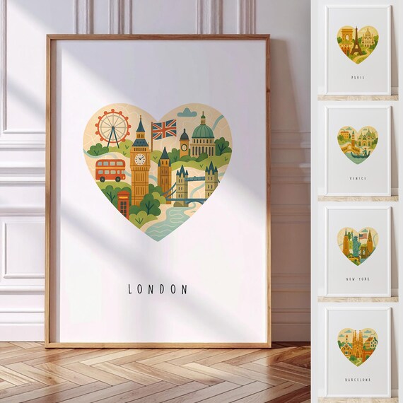 London Heart Shaped Collage of Famous Landmarks Travel Poster