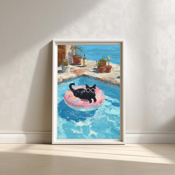 Relaxed Black Cat Floating In The Pool With Sunglasses Wall Art