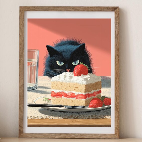 Grumpy Black Cat Eyeing Strawberry Shortcake Funny Kitchen Poster