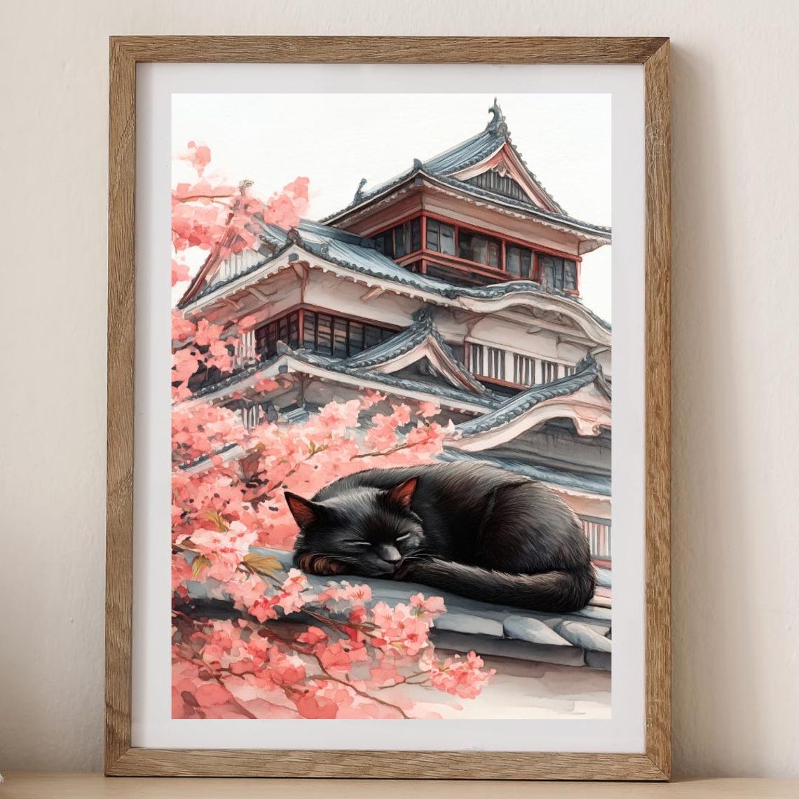 Black Cat Napping at Japanese Castle Cherry Blossom Art Poster