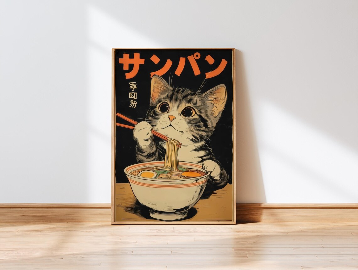 Vintage Cat Eating Ramen Noodles Art Print