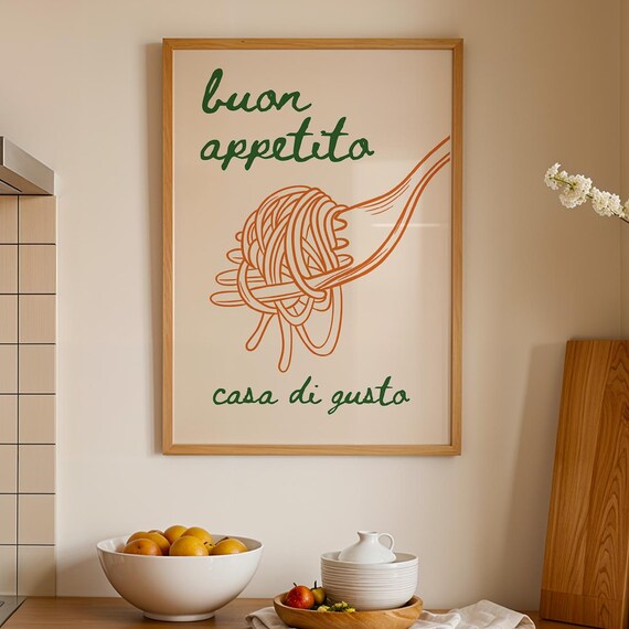 Buon Appetito Spaghetti Fork Italian Line Art Kitchen Poster