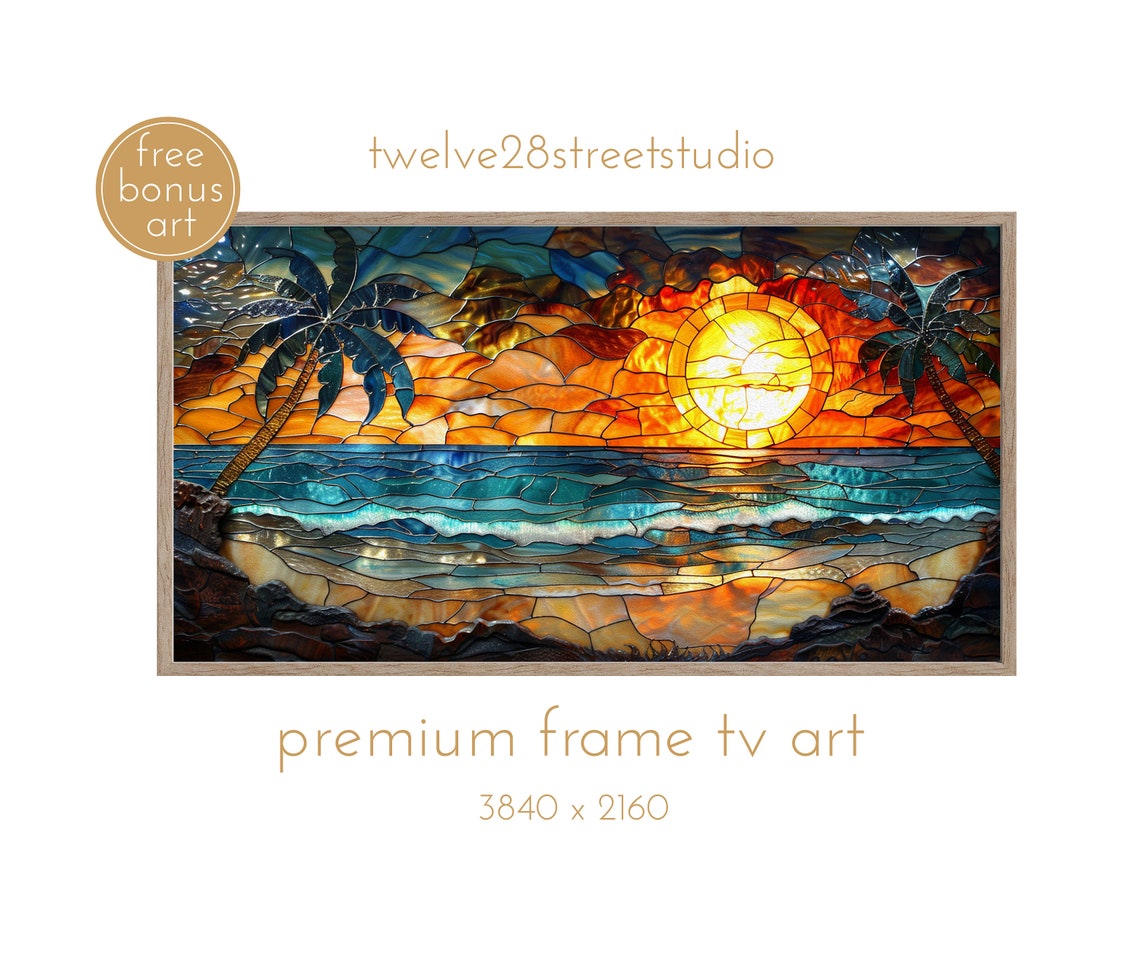 Tropical Beach Sunset Palm Trees Stained Glass Style Ocean Art Print