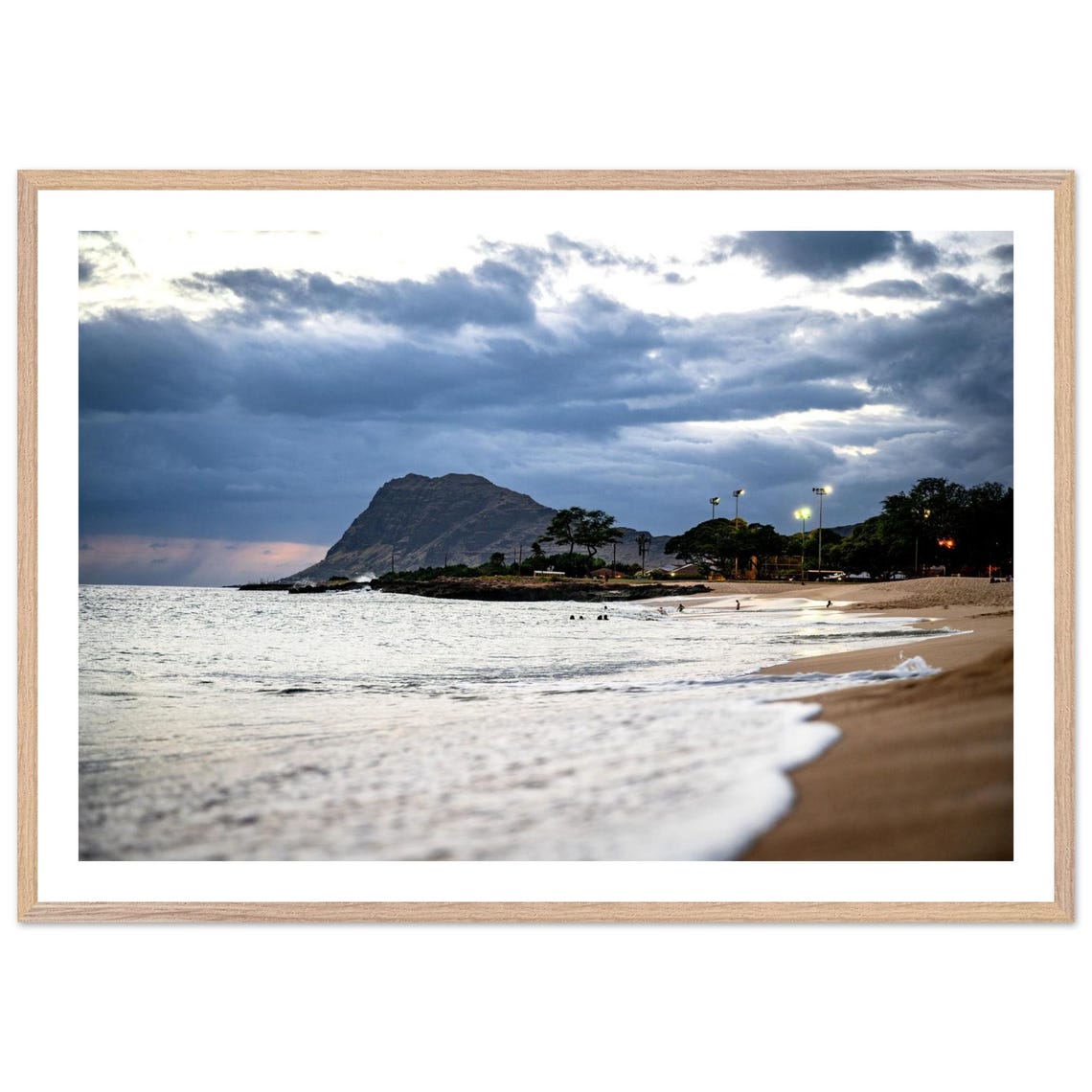 Oahu Beach Dusk Volcanic Mountain Waves Coastal Photo Framed Print