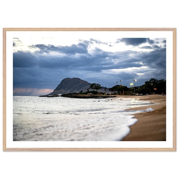 Oahu Beach Dusk Volcanic Mountain Waves Coastal Photo Framed Print
