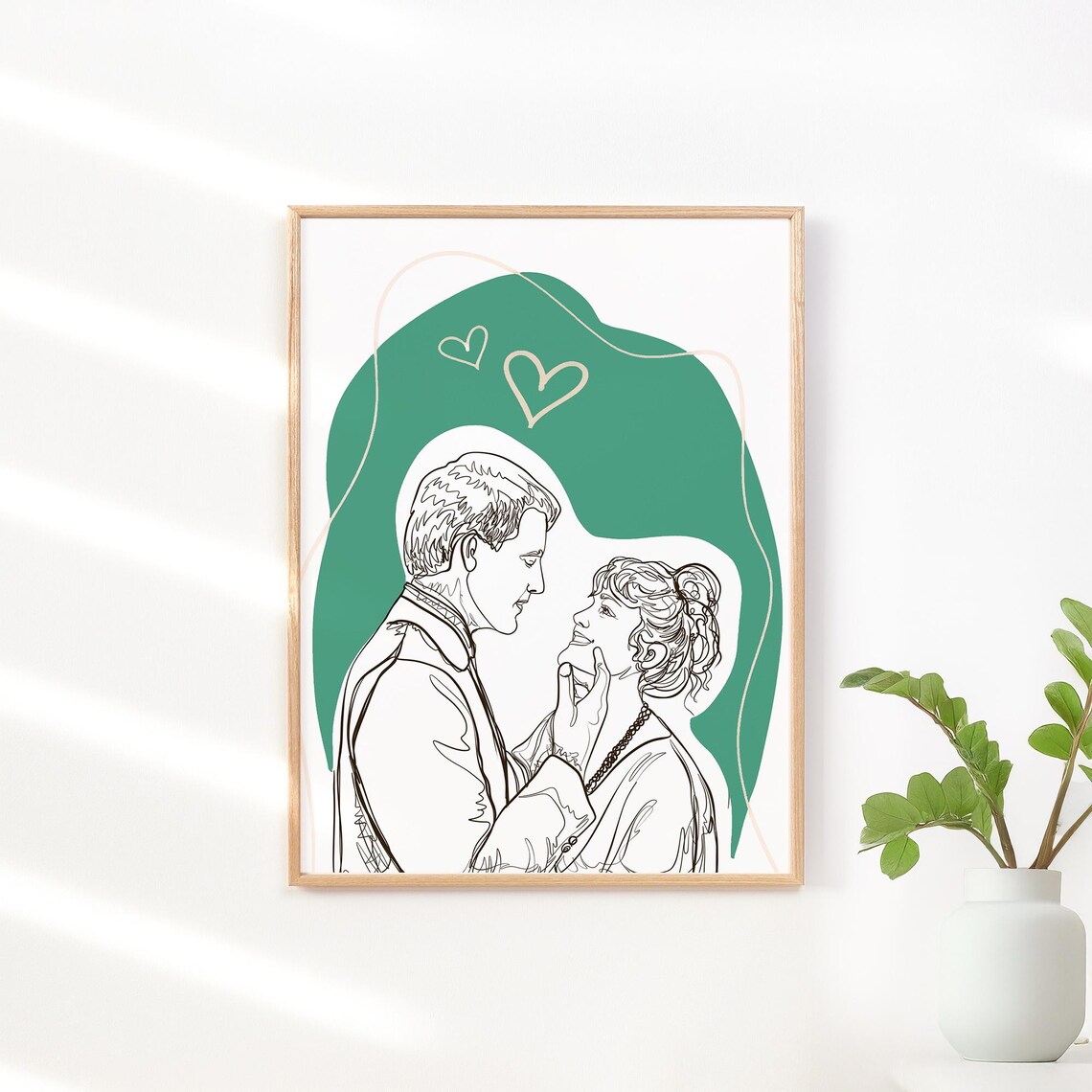 New Parents Admiring Newborn Line Portrait in Ochre Tones Poster - Image 3