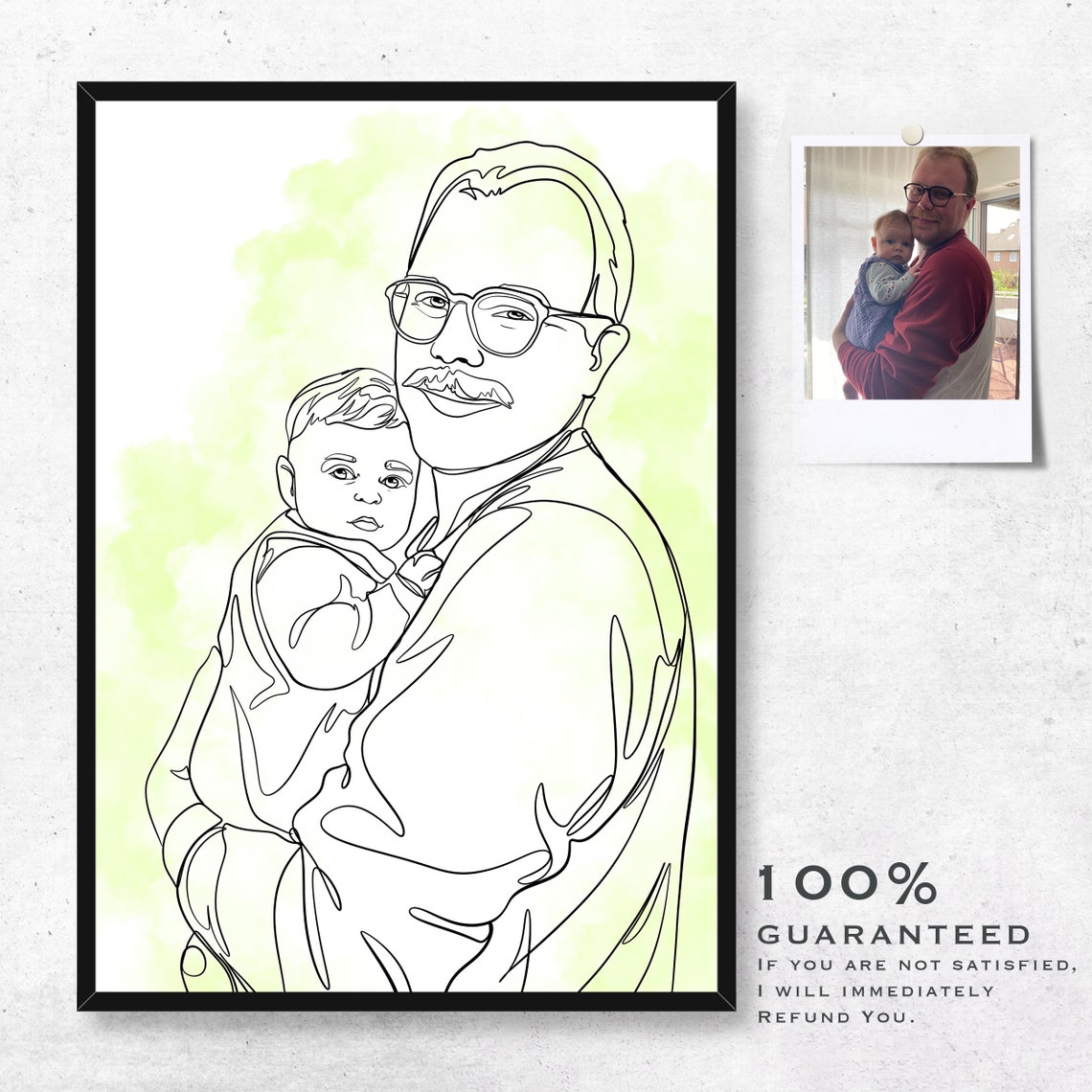 Lilly and Grandpa Line Drawing Portrait with Pink Watercolor Poster - Image 3