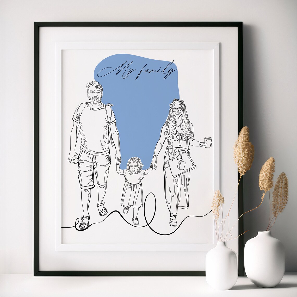 My Family Line Art Parents and Child Blue Abstract Art Poster