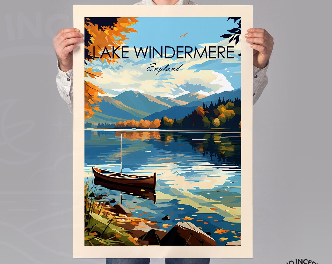 Lake Windermere England Autumn Lakeside Rowboat Scene Travel Poster - Image 2