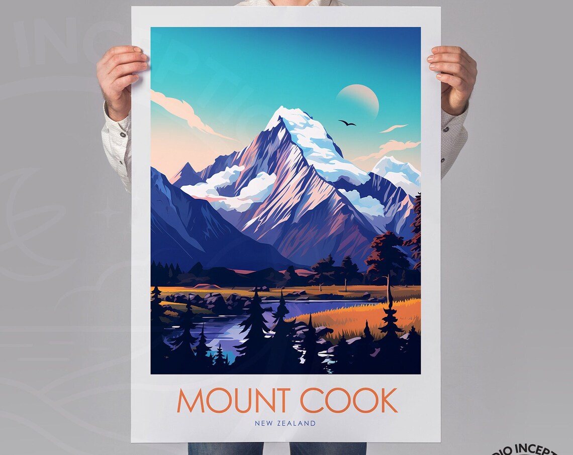 Mount Cook New Zealand Snow Peak Alpine Lake Mountain Travel Poster - Image 2