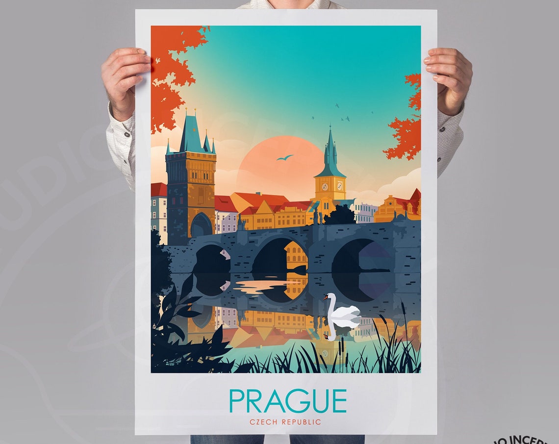 Prague Czech Republic Charles Bridge Swan Sunset Travel Poster - Image 2