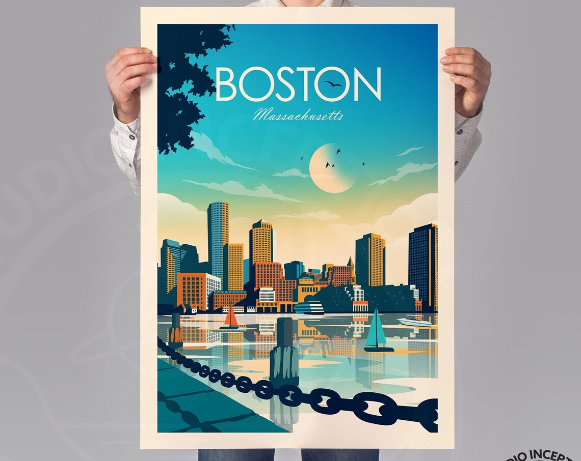 Boston Massachusetts Skyline Travel Poster, Wall Art Print - Image 2