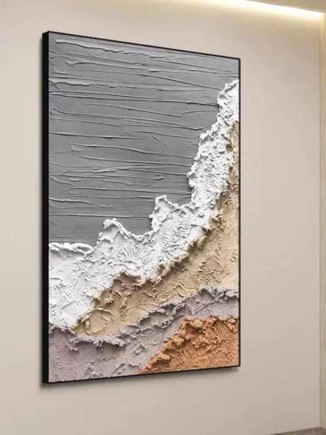 Grey White Layered Mountain Lake Textured Vertical Textured Wall Art - Image 3