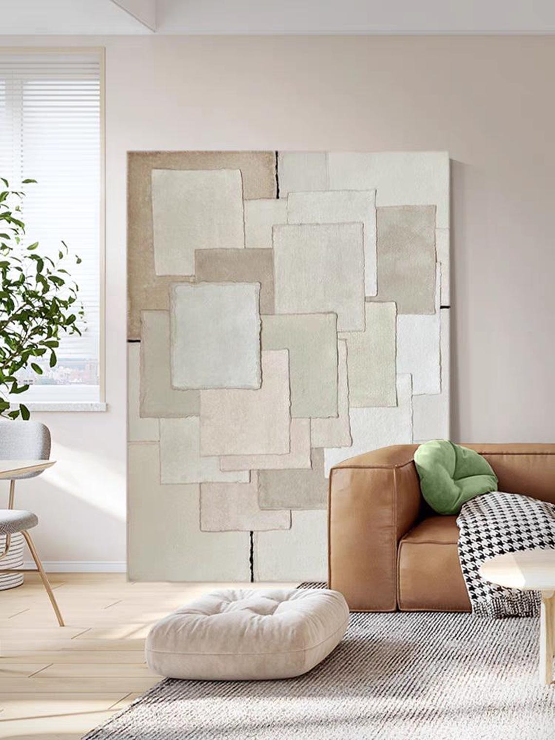 Light Beige White Pink Oil Art Abstract Checker Wall Art Extra Large Thick Textured Acrylic Painting Minimalist Style Decor For Home - Image 2