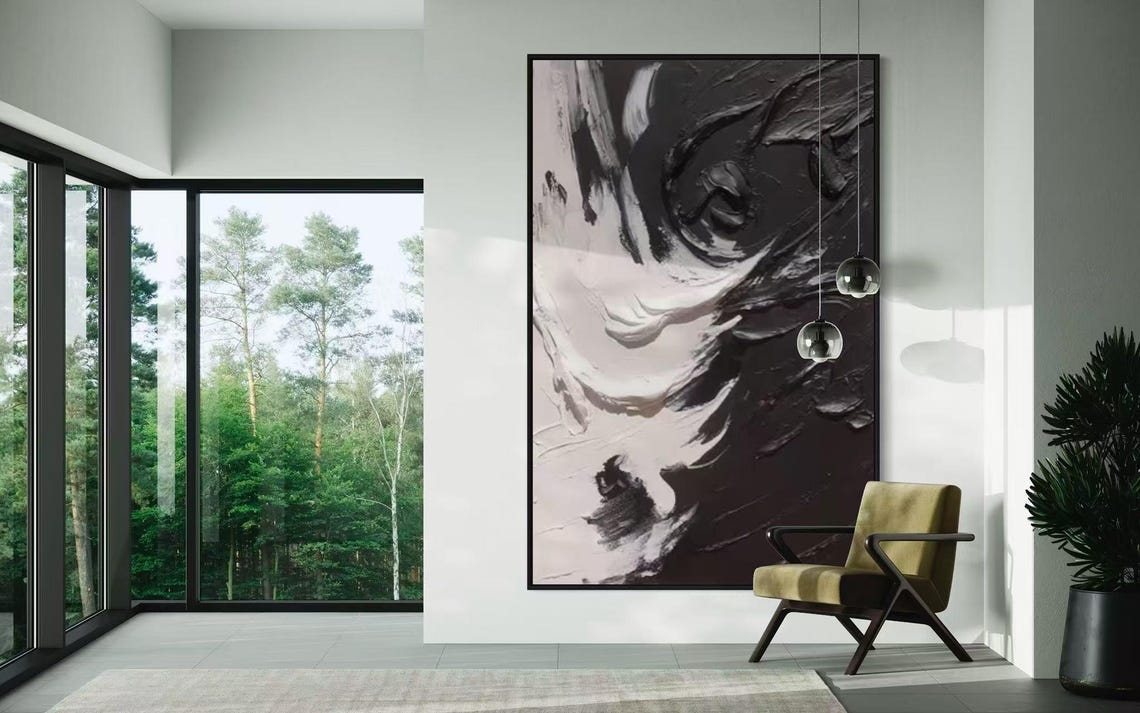 Black and White Swirling Brushstroke Contrast Vertical Abstract Poster - Image 2