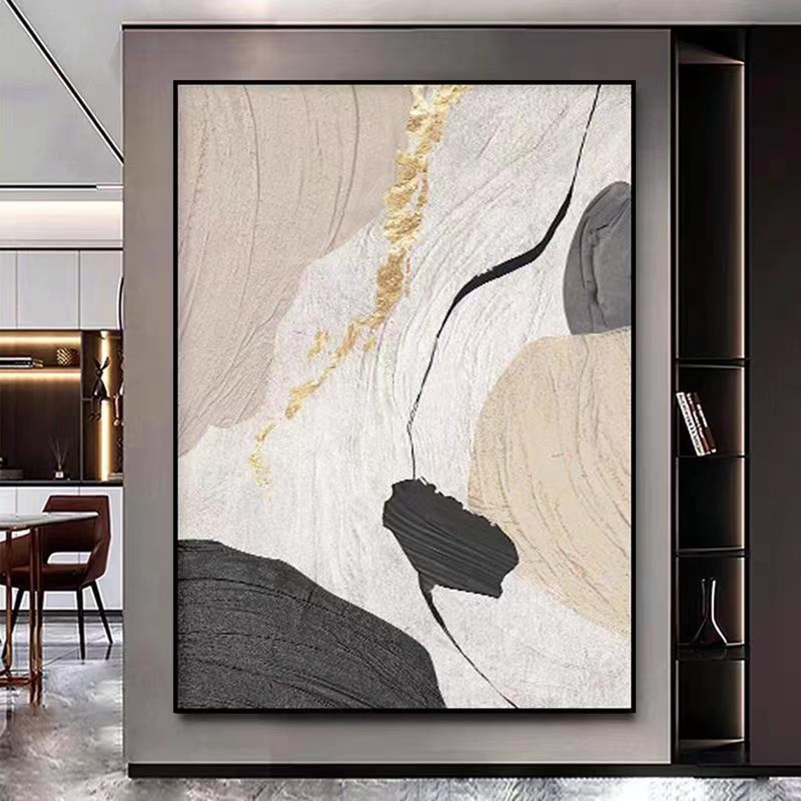 Black White Beige Abstract Brushstroke Modern Fashion Style Wall Art - Image 2