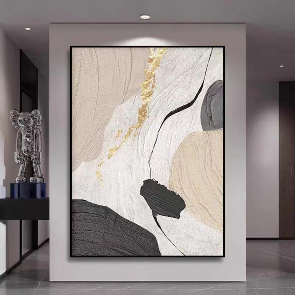Black White Beige Abstract Brushstroke Modern Fashion Style Wall Art - Image 3